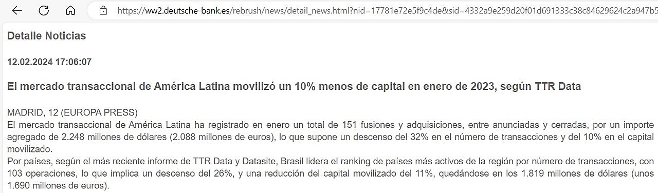 El mercado transaccional de Amrica Latina moviliz un 10% menos de capital en enero de 2023, segn TTR Data